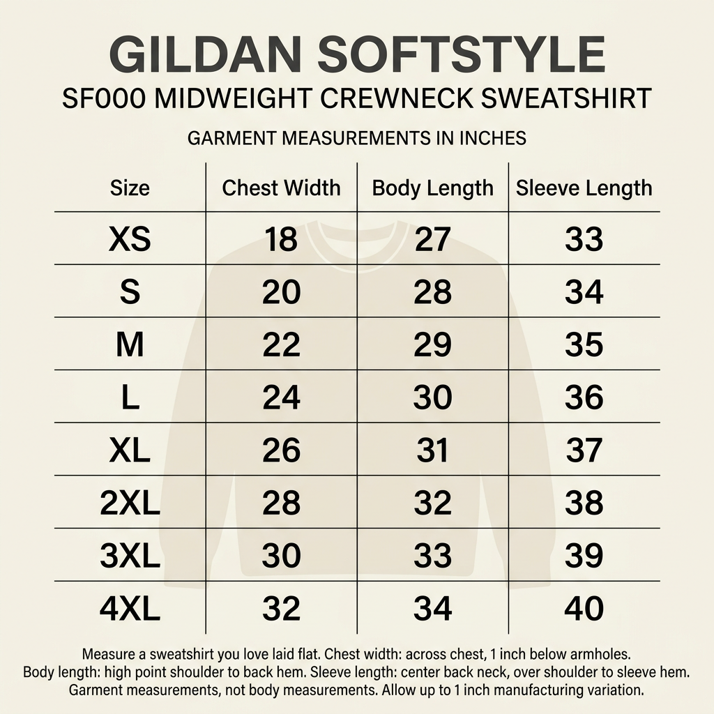 Gildan Softstyle SF000 midweight crewneck sweatshirt size chart