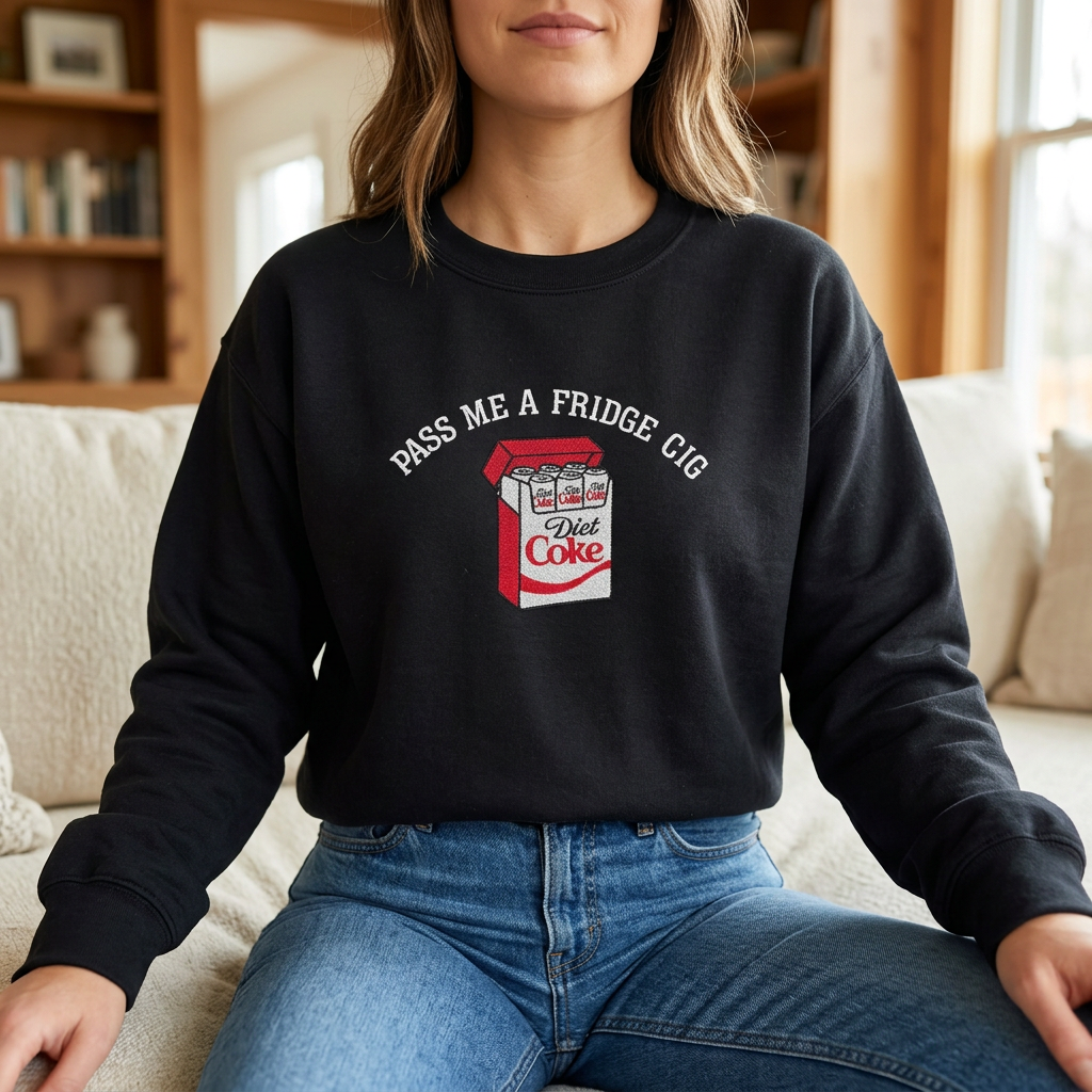 Lifestyle photo of the black Pass Me a Fridge Cig embroidered crewneck