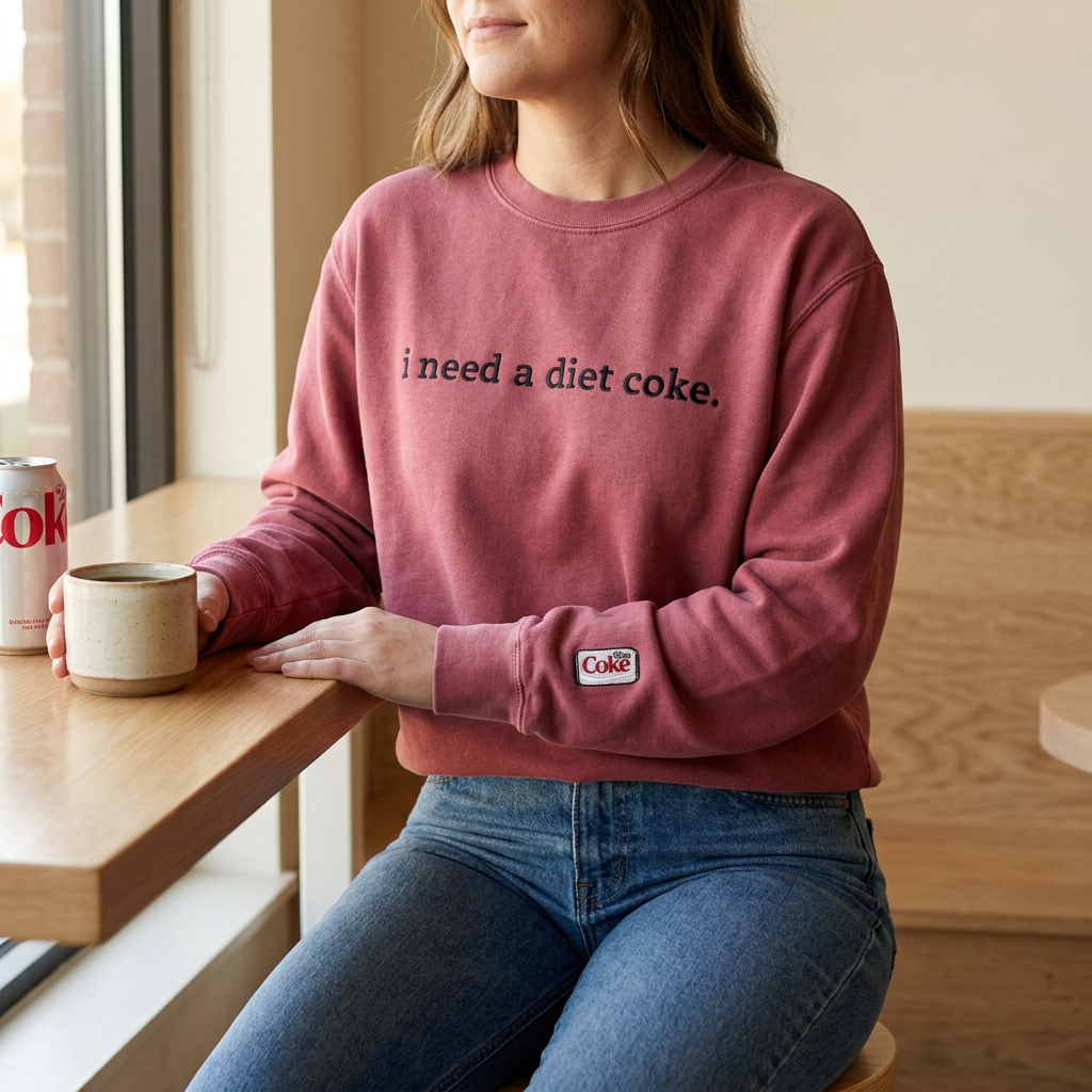 Lifestyle photo of the crimson embroidered Comfort Colors crewneck