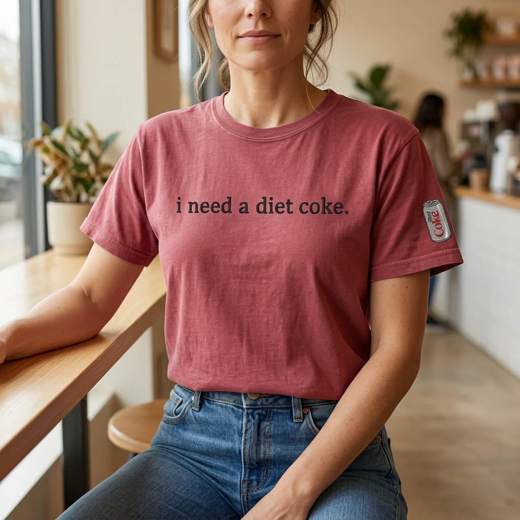 Lifestyle photo of the crimson embroidered T-shirt with an upright can on the left sleeve