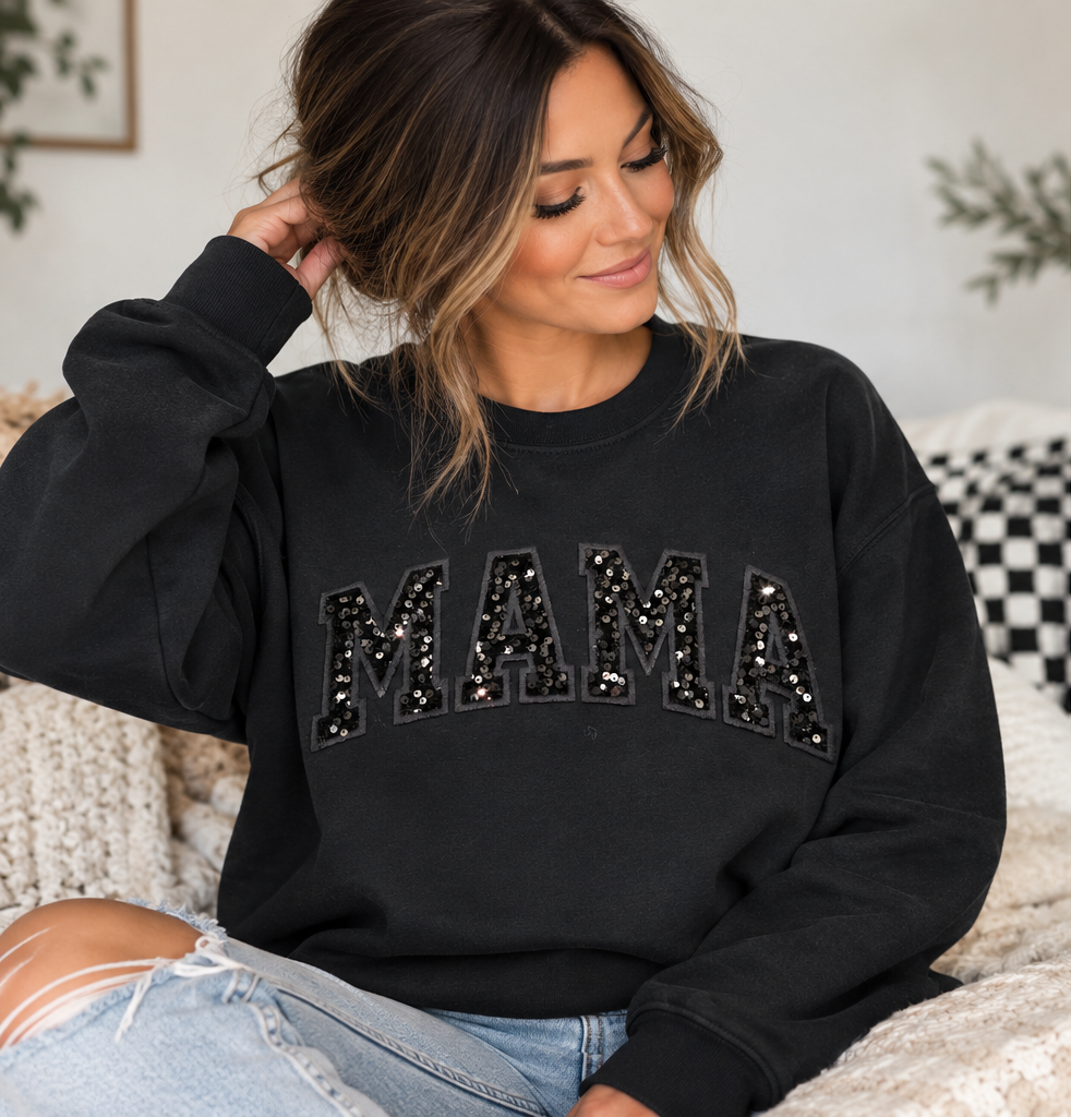 Mama Sequin Crewneck Sweatshirt | Black