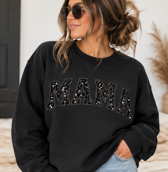 Mama Sequin Crewneck Sweatshirt | Black