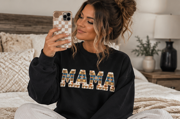 Mama Western Pattern Crewneck Sweatshirt | Black