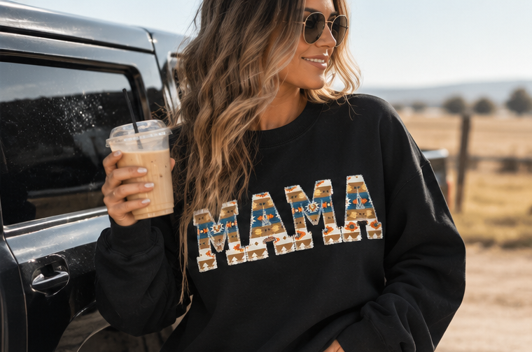 Mama Western Pattern Crewneck Sweatshirt | Black