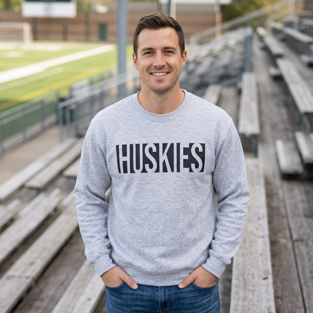 Man wearing the ash Huskies crewneck sweatshirt