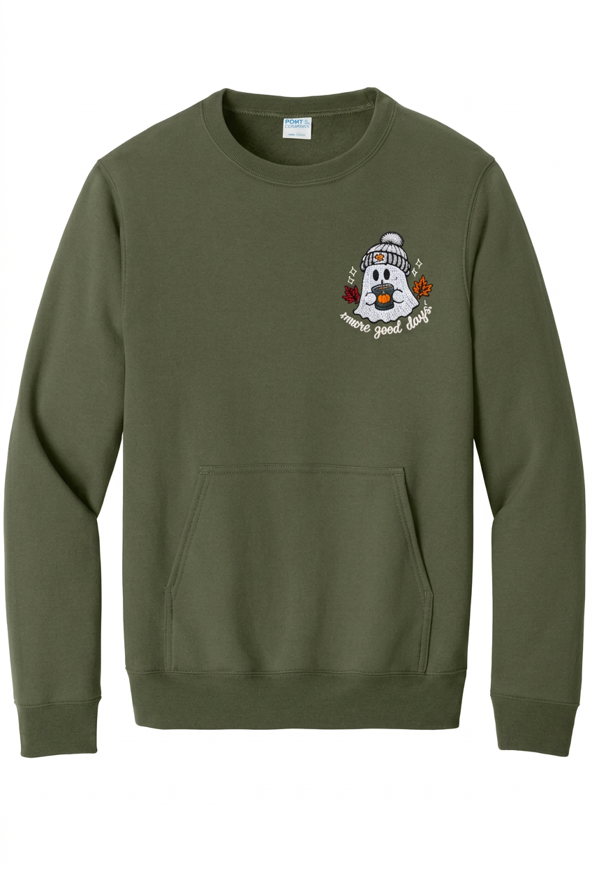 Olive kangaroo-pocket crewneck with the More Good Days ghost embroidery on the upper-left chest