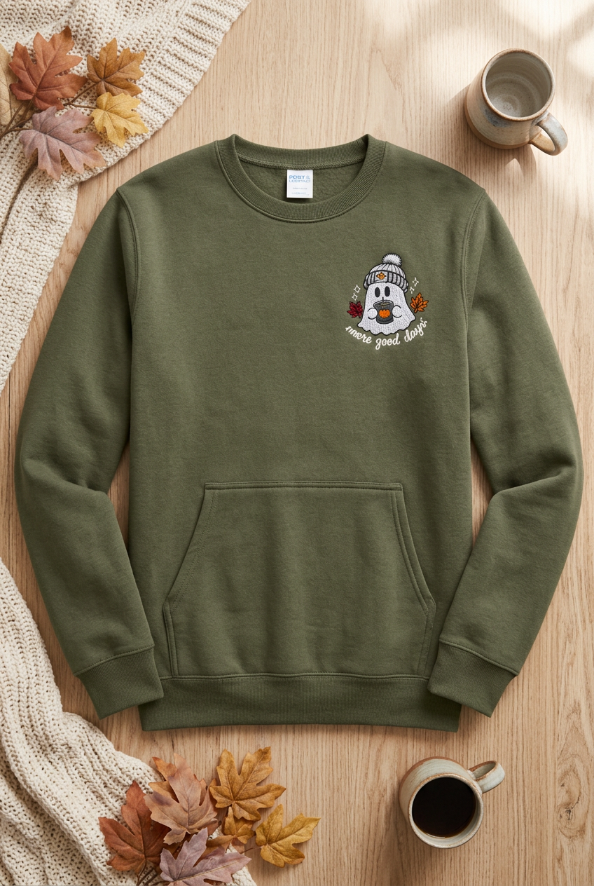 Olive More Good Days ghost pocket crewneck styled with a cozy autumn background