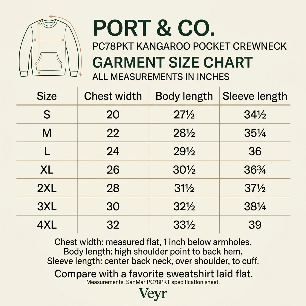 Port & Co PC78PKT size chart showing chest width, body length, and sleeve length in inches for sizes S–4XL.