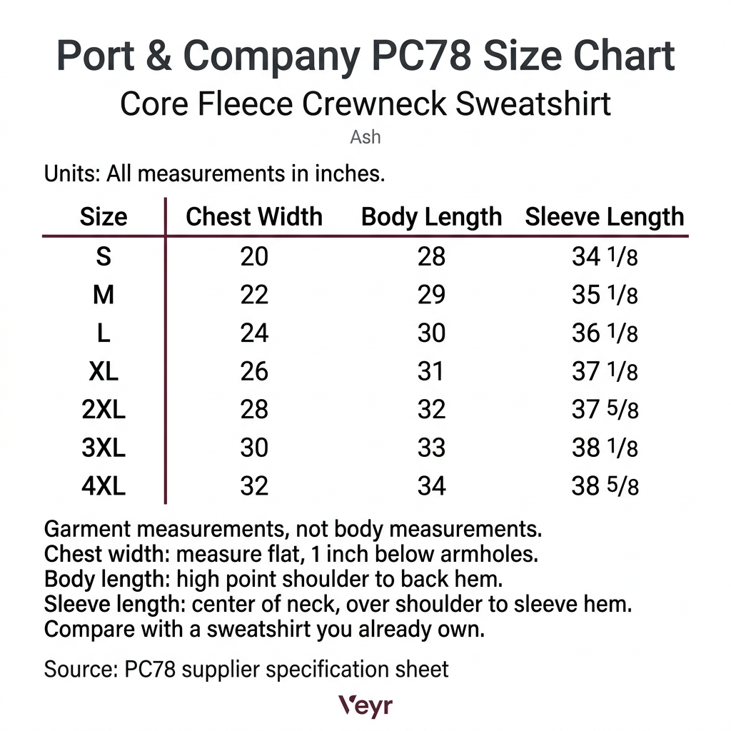Port & Company PC78 crewneck size chart