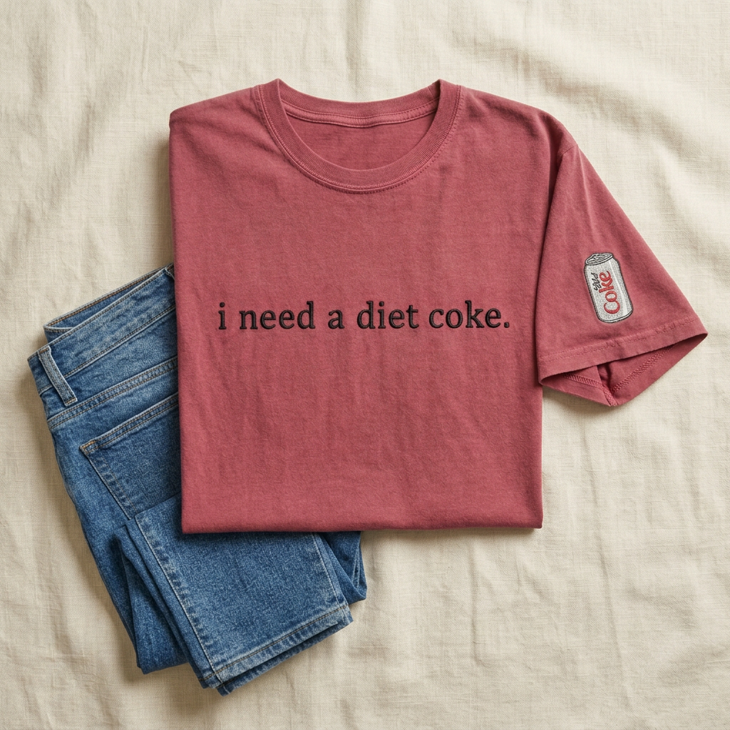 Revised crimson T-shirt flat lay with jeans and can on the wearer’s left sleeve