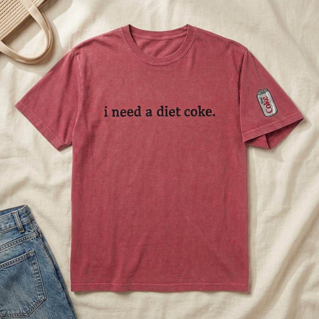 Styled full-view crimson T-shirt flat lay