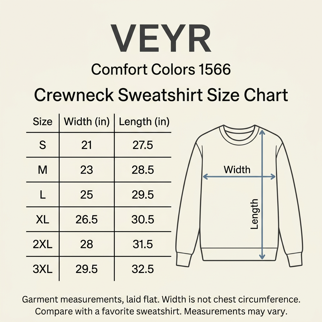 Veyr Comfort Colors 1566 crewneck sweatshirt size chart