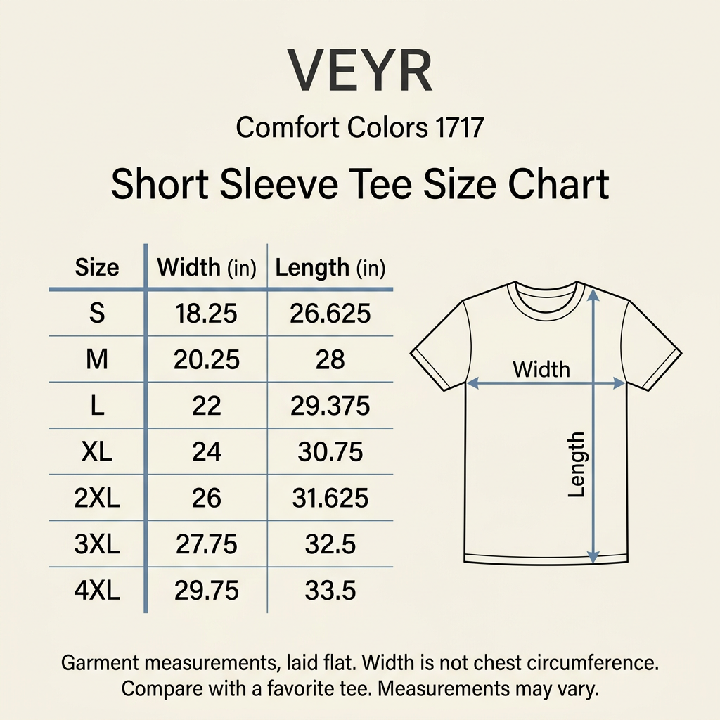Veyr Comfort Colors 1717 short sleeve tee size chart