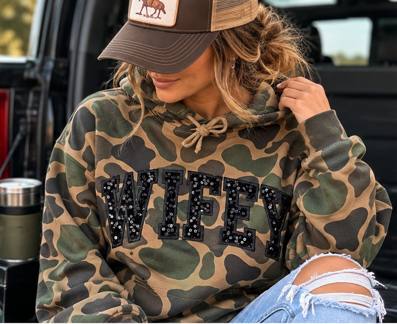 Wifey Sequin Appliqué Duck Camo Hoodie