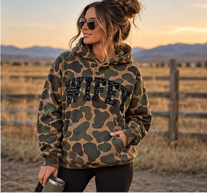 Wifey Sequin Appliqué Duck Camo Hoodie