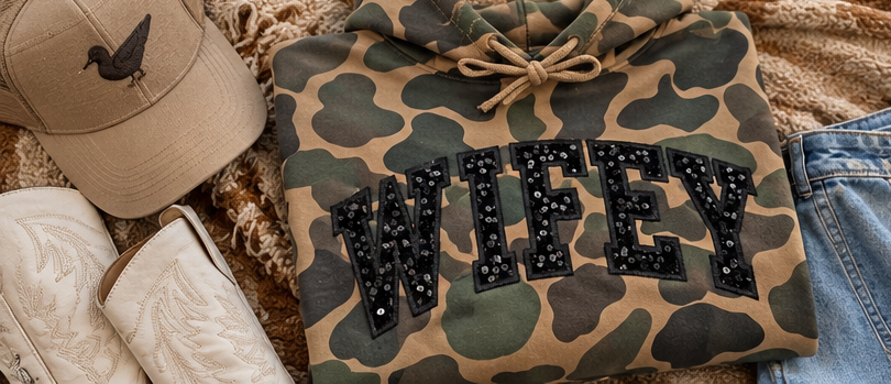 Wifey Sequin Appliqué Duck Camo Hoodie